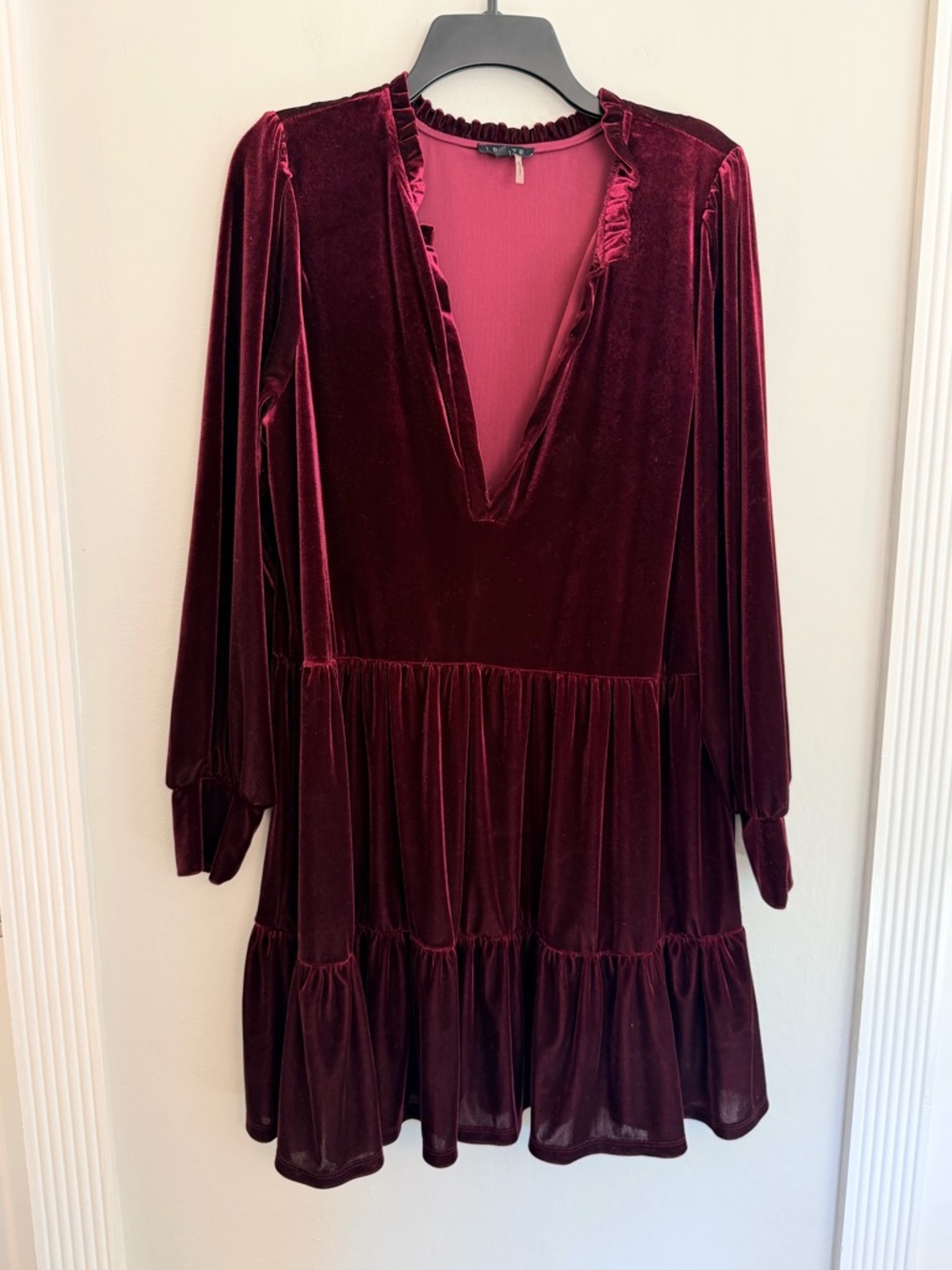 1. STATE Burgundy Velvet Tiered Dress XL Ruffle Neck Long Sleeve